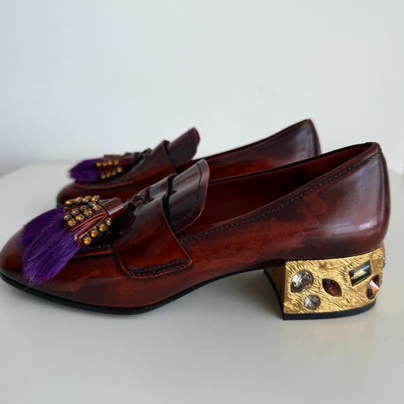 Prada Penny Loafers Shoes Womens 35.5 EU Leather Embellished Heeled Fur Tasseled - Picture 14 of 16
